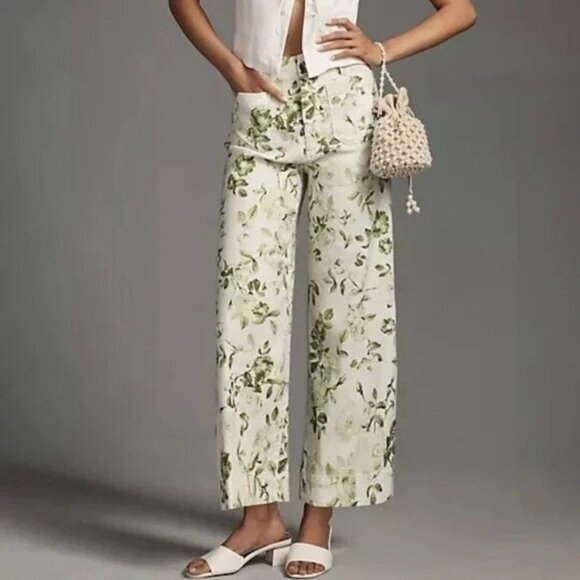 Maeve Pants - Maeve Anthropologie The Colette Linen Blend Green Floral Trousers Pants 25